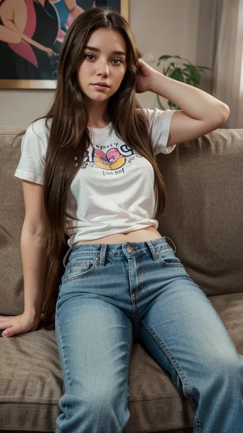 a woman, with long hair and jeans, sitting on a couch, in the style of cartoon realism, i cant believe how beautiful this is, cute and dreamy, disney animation, realistic hyper-detail, warmcore --ar 73:105 --stylize 750 --v 6