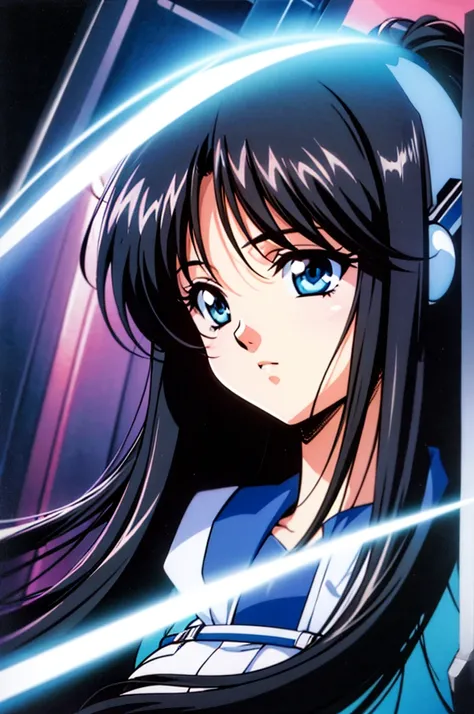 2000s (style), Anime girl, long black hair, cybercore aesthetic, blue, light blue, portrait shot