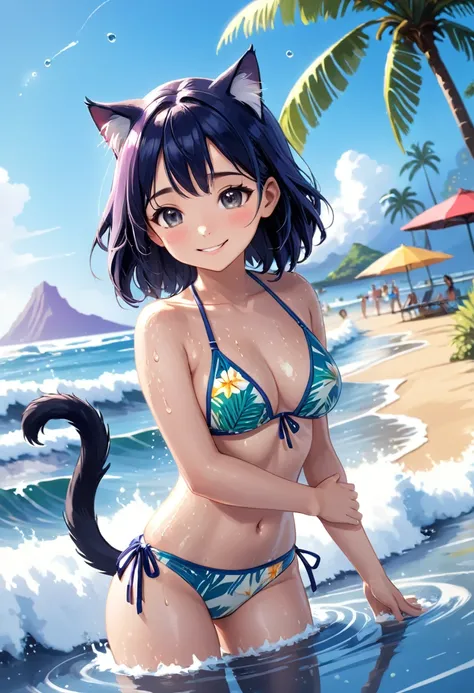 cover page, Hawaiis tourist magazine, highres, top quality, best quality, paid reward available, unparalleled masterpiece, perfect artwork, absurdres(angelic cute 1girl, cat girl)perfect anatomy, best pose as a subject, Wet skin, water droplets, smile, pla...