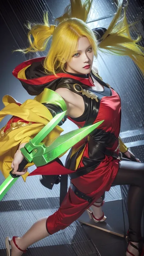 a beautiful yellow-haired woman in red clothes holding a green and yellow sword