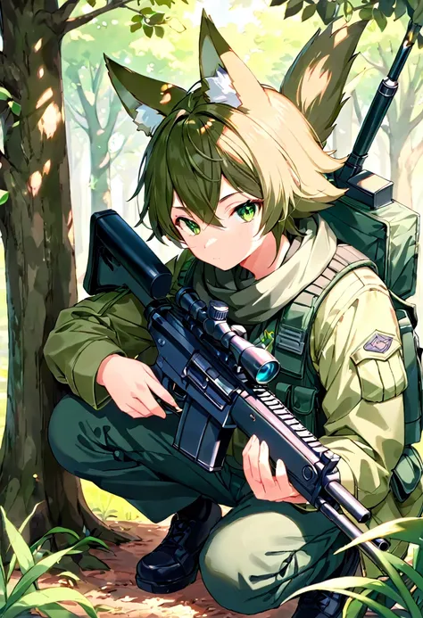 frame of trading card, UI Marks on the upper right and left bottom of the cygames style card.dark and green tone. 14 years old small anthro kemono fox Scout is crouching behind a tree and aiming his sniper rifle at a distant target. He is dressed in a camo...