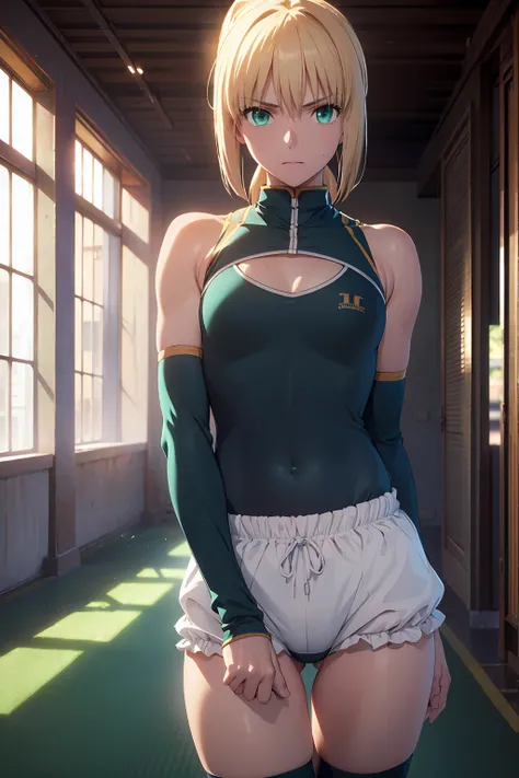 (Highest quality:1.5, High resolution, uhd, 4K, Detailed lighting, Shaders), 　(artoria pendragon), solo short hair short hair,ponytail　Green Eyes　Cool face　　((Racing Bloomers　Track and field uniform))++　Sports bra with a small area　Realistic sun rays　 Swea...