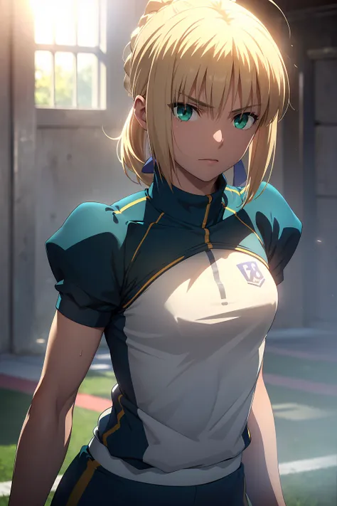 (Highest quality:1.5, High resolution, uhd, 4K, Detailed lighting, Shaders), 　(artoria pendragon), solo short hair short hair,ponytail　Green Eyes　Cool face　　((Racing Bloomers　Track and field uniform))++　Sports bra with a small area　Realistic sun rays　 Swea...