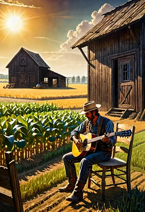 a farmer playing the guitar sitting on a wooden chair and behind his cabin and a barn on the horizon, in a field with crops, on a sunny morning , dark fantasy  style from the 70s, with intense German-style romantic painting. Shadows and spectacular lightin...