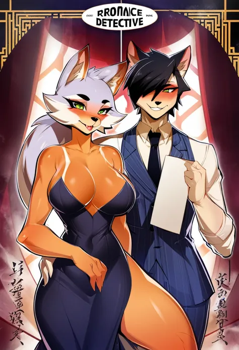 movie poster, movie artwork, concept art of action movie, romance novel cover, highres, top quality, best quality, perfect artwork, absurdres, perfect anatomy(couple, young 1male detective, 1woman in Chinese dress)(furry, kemono, anthro)with some elements ...