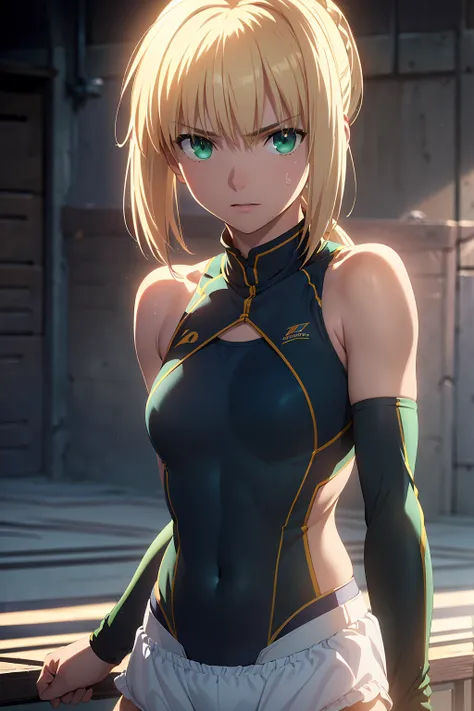 (Highest quality:1.5, High resolution, uhd, 4K, Detailed lighting, Shaders), 　(artoria pendragon), solo short hair short hair,ponytail　Green Eyes　Cool face　　((Racing Bloomers　Track and field uniform))++　Sports bra with a small area　Realistic sun rays　 Swea...