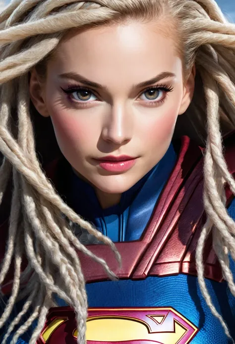 (((Extreme close-up of Rosie Hutington under the mantle of the Kryptonian Kara Zor-The alias Supergirl (((Dreadlocks cabello largo))), Splash color images)))