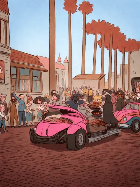 Cartoon style caricature, high detail cartoon, CROSS with a plow disc under the hood used as a barbecue grill . A Pink Beetle with people hanging out celebrating and barbecuing on a barbecue grill on top of the hood of the Pink Beetle, harvest festival par...