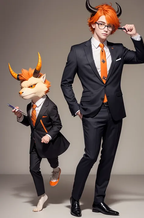 create a mascot with a serious Griffin animal in a tie and suit that is holding a calculator and pen with half-orange hair and full-length horns. and below your feet coins and dollar signs.
