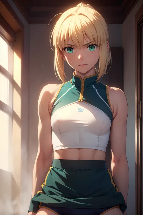 (Highest quality:1.5, High resolution, uhd, 4K, Detailed lighting, Shaders), 　(artoria pendragon),NSFW solo short hair short hair,ponytail　Green Eyes　Cool face　　((Racing Bloomers　Track and field uniform))++　Sports bra with a small area　Realistic sun rays　 ...