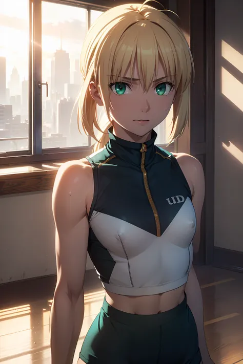 (Highest quality:1.5, High resolution, uhd, 4K, Detailed lighting, Shaders), 　(artoria pendragon),NSFW solo short hair short hair,ponytail　Green Eyes　Cool face　　((Racing Bloomers　Track and field uniform))++　Sports bra with a small area　Realistic sun rays　 ...