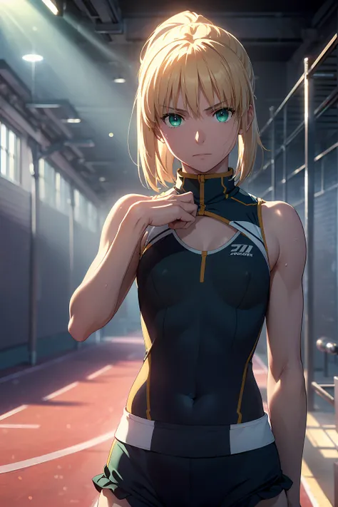 (Highest quality:1.5, High resolution, uhd, 4K, Detailed lighting, Shaders), 　(artoria pendragon),NSFW solo short hair short hair,ponytail　Green Eyes　Cool face　　((Racing Bloomers　Track and field uniform))++　Sports bra with a small area　Realistic sun rays　 ...