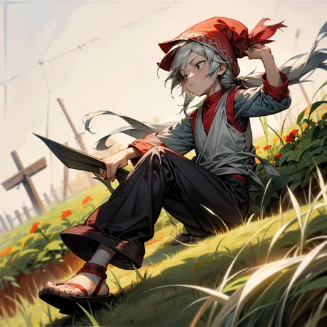 1little boy, Full body version, 1character, black eyes color, milk skin, long hairstyle, monolod eyes type, silver colour hair, Farmer villager clothing style, red color clothing, black pants, white scraf, Ancient roman sandals, vest, green Beanie, Grassro...