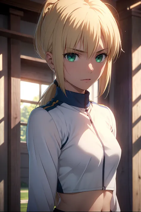 (Highest quality:1.5, High resolution, uhd, 4K, Detailed lighting, Shaders), 　(artoria pendragon),NSFW solo short hair short hair,ponytail　Green Eyes　Cool face　　((White track and field uniform))++　Sports bra with a small area　Realistic sun rays　 Sweat　Supe...