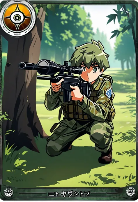 frame of trading card, UI Marks on the upper right and left bottom of the cygames style card.dark and green tone. 14 years old small anthro kemono fox Scout is crouching behind a tree and aiming his sniper rifle at a distant target. He is dressed in a camo...