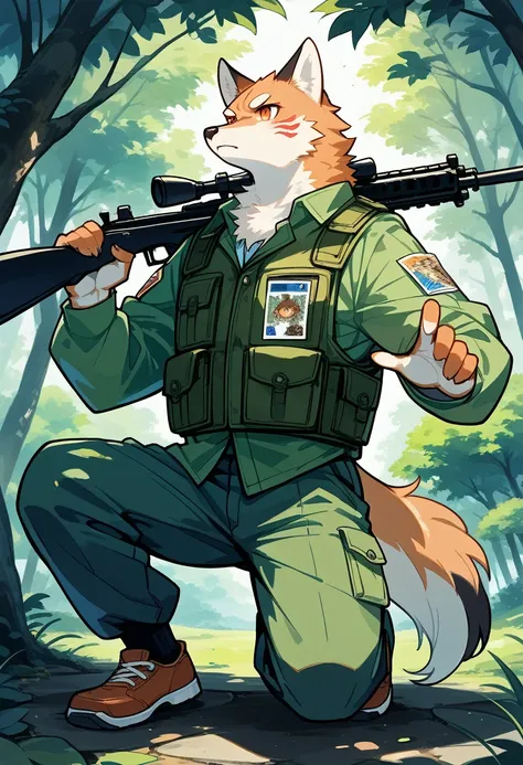 frame of trading card, UI Marks on the upper right and left bottom of the cygames style card.dark and green tone. 14 years old small anthro kemono fox Scout is crouching behind a tree and aiming his sniper rifle at a distant target. He is dressed in a camo...