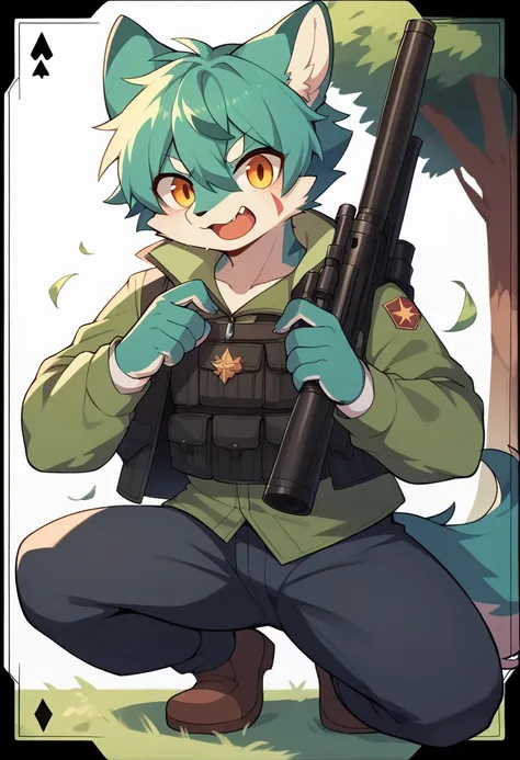 frame of trading card, UI Marks on the upper right and left bottom of the cygames style card.dark and green tone. 14 years old small anthro kemono fox Scout is crouching behind a tree and aiming his sniper rifle at a distant target. He is dressed in a camo...