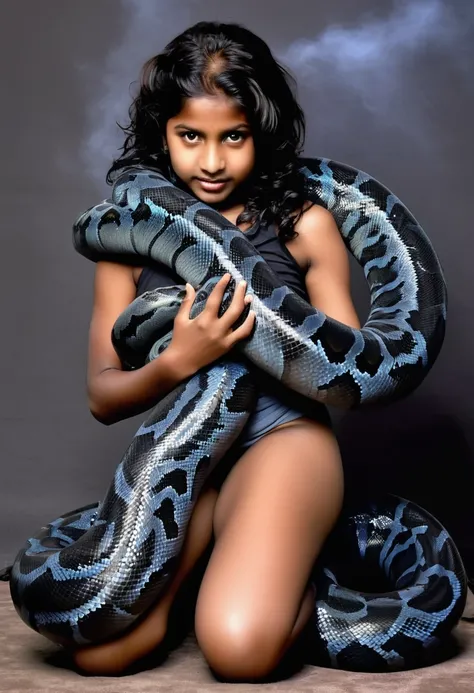  Happy Horny, aroused 1girl), beautiful kneeling Indian  young teen girl with  giant colossal black titanboa squeezing her hard, wrapped in thick spiraling coils, constricted, struggle, gasping for air, snake attack, snake peril, moonless night, dim light