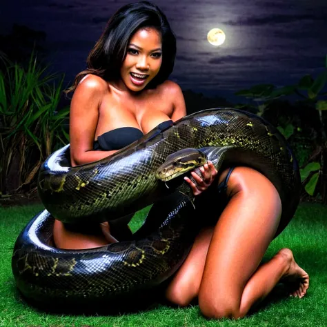  Happy Horny, aroused 1girl), beautiful kneeling Filipino young teen girl  with  giant colossal black titanboa squeezing her hard, wrapped in thick spiraling coils, constricted, struggle, gasping for air, snake attack, snake peril, moonless night, dim ligh...