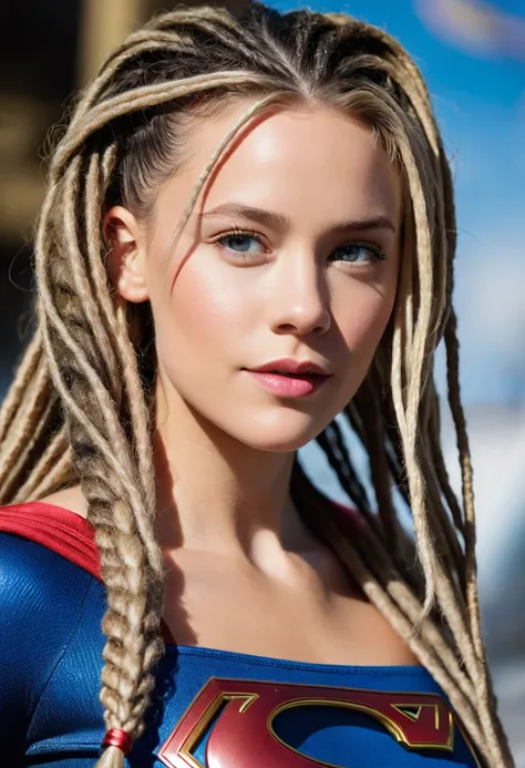 (((Extreme close-up of Rosie Hutington Whiteley under the mantle of the Kryptonian Kara Zor-The alias Supergirl (((Dreadlocks cabello largo))), Splash color images)))