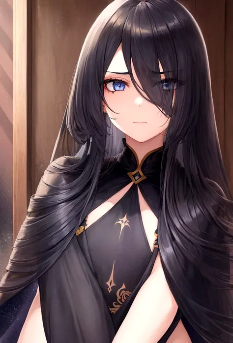 a young girl with long black silky straight hair. beautiful dark blue eyes. on the right eye a large SUN tattoo. Your face doesn&#39;t show any emotion