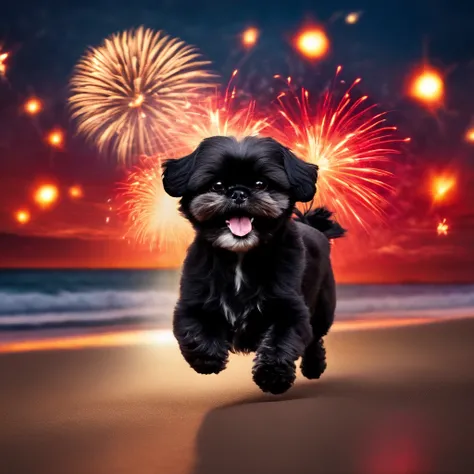 Adorable small black shih tzu wearing red sunglasses running at beach fireworks in background
