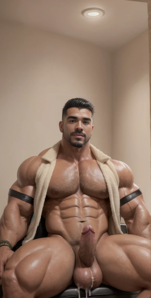 (masterpiece, intricately detailed, highest resolution, best quality:1.2), (doujin), a cocky Latino Instagram influencer,a 24 y.o muscle stud with a muscular physique sitting on a chair with black eyes,dark-skinned male, wearing a ((open jacket, dom, armba...