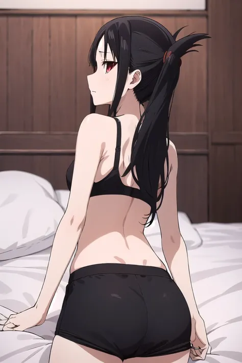 Shinomiya Kaguya, Shinomiyakaguya, Red eyes, small breasts, list brook, black fur, Red eyes, black sports bra, black panties, from behind, showing off your butt, 