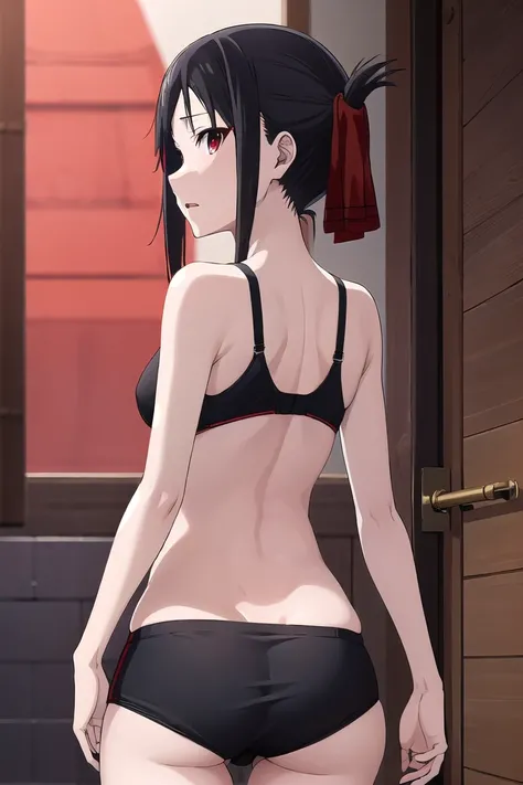 Shinomiya Kaguya, Shinomiyakaguya, Red eyes, small breasts, list brook, black fur, Red eyes, black sports bra, black panties, from behind, showing off your butt, 