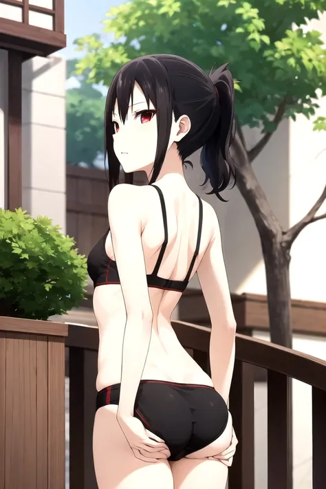 Shinomiya Kaguya, Shinomiyakaguya, Red eyes, small breasts, list brook, black fur, Red eyes, black sports bra, black panties, from behind, showing off your butt, grabbing the ass