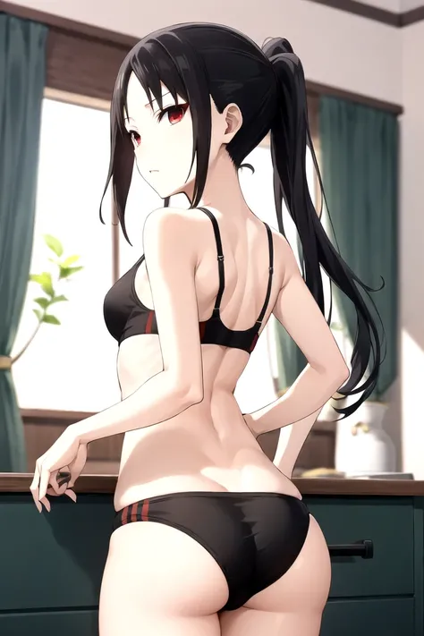 Shinomiya Kaguya, Shinomiyakaguya, Red eyes, small breasts, list brook, black fur, Red eyes, black sports bra, black panties, from behind, showing off your butt, grabbing the ass