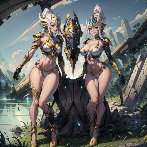 score_9, score_8_up, score_7_up, score_6_up, source_anime, BREAK 1girl, solo,protoss, white bikini, legs focus, thick legs, front, looking at you, grin, standing, florest, lake