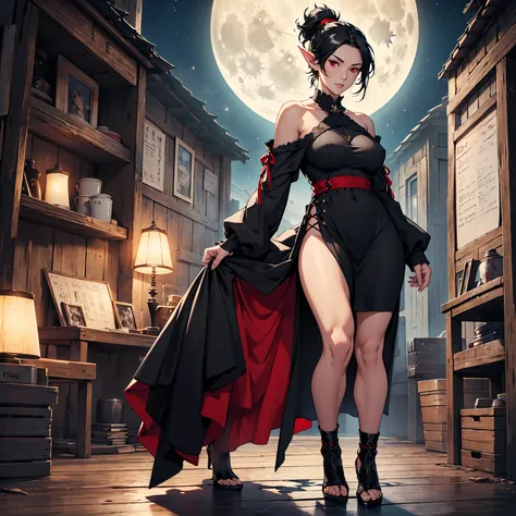 1girl!!, short ponytail hair, black hair, big breasts, long pointed ears, red eyes, blue skin!!!, sexy little dress, deep neckline, full body, night, in old wooden house, moon in windows, very sexy body, detailed clothing, detailed face, highly detailed, 8...