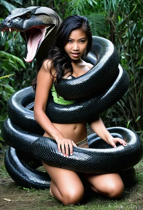  Happy Horny, aroused 1girl), beautiful kneeling Filipino  young teen girl with  giant colossal black titanboa squeezing her hard, wrapped in thick spiraling coils, constricted, struggle, gasping for air, snake attack, snake peril, moonless night, dim ligh...