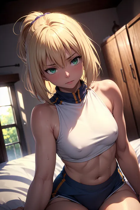 (Highest quality:1.5, High resolution, uhd, 4K, Detailed lighting, Shaders), 　(artoria pendragon),NSFW solo short hair short hair,ponytail　Green Eyes　Cool face　　((White track and field uniform))++　Sports bra with a small area　Realistic sun rays　 Sweat　Supe...