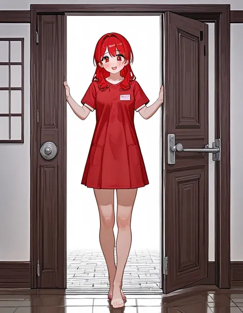 A woman in a  with red hair, very hot, is standing at the door with her foot up. anime, anatomically correct, super detail, high quality, 4K