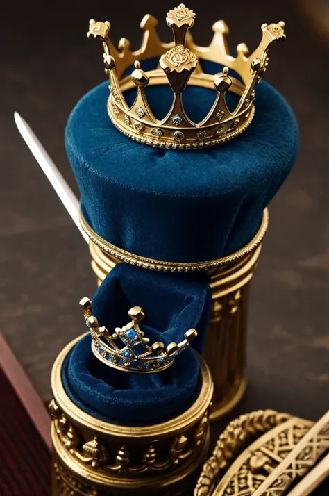 A blue ring with a crown and a sword in the background 