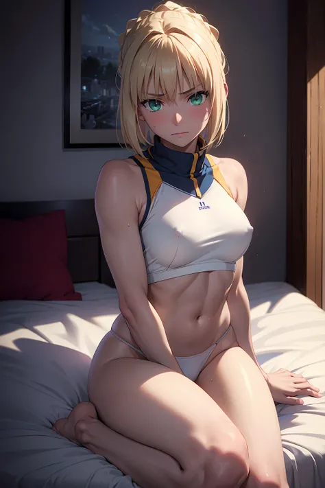 (Highest quality:1.5, High resolution, uhd, 4K, Detailed lighting, Shaders), 　(artoria pendragon),NSFW solo short hair short hair,ponytail　Green Eyes　Cool face　　((White track and field uniform))++　Sports bra with a small area　Realistic sun rays　 Sweat　Supe...