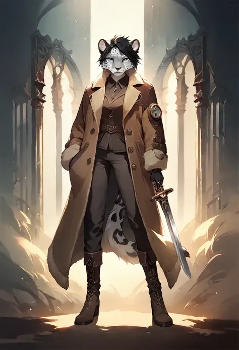 score_9, score_8_up, score_7_up, score_6_up, score_5_up, score_4_up, (solo), female white leopard, furry, coat, holding sword, black hair, grey eyes, bandolier, pants, boots, steampunk hunter