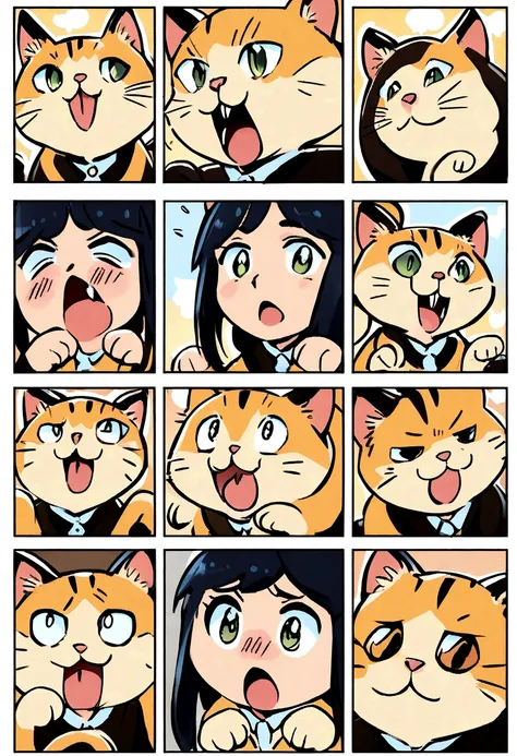 pack of cats with different expressions, comic book style 