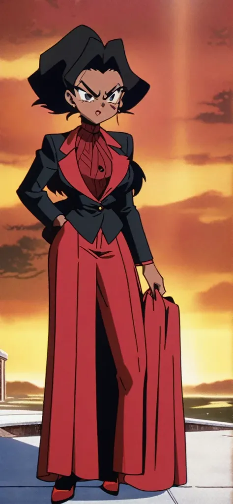 EVIL BLACK BUSINESS WOMAN WEARING A BLOUSE WITH A RED SKIRT SUIT 90s anime art style full body