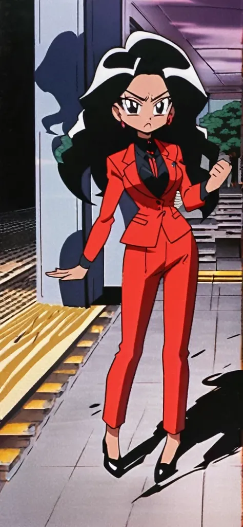 EVIL BLACK BUSINESS WOMAN WEARING A BLOUSE WITH A RED SKIRT SUIT 90s anime art style full body