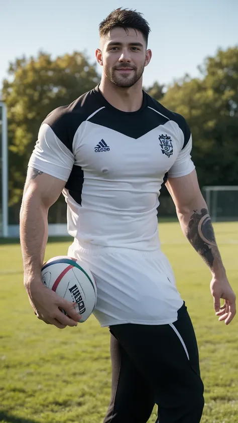 one pale muscular man rugby player ,Full body, smile, rugby player, sport pants, rugby esportive uniform, wet black hair fade ,alluring big eyes, European mature 30yo man, (High shadow detail), wearing Calvin Klein rugby brands shirt, strong thighs legs, n...