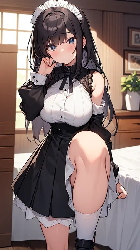 ((masterpiece)), (Highest quality、8K), (Simple style), Big Breasts, Swinging Big , Wearing a face stolen from someone else, No sleeve, Sleeveless, Off the shoulder, Black Dress, Pleated lace, Lace dress, White knee socks. whole body, Luxurious Room, {{The ...