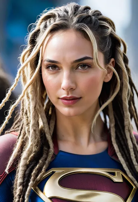 (((Extreme close-up Gal Gadot under the mantle of the Kryptonian Kara Zor-The alias Supergirl (((Dreadlocks cabello Rubio largo))), Splash color images))),(((blond hair)))