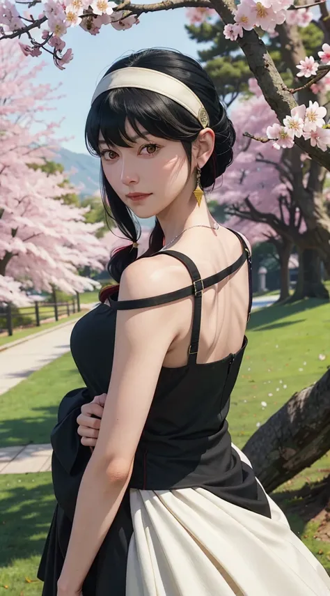 yor, Mature female,  bangs, side locks, Red eyes, Black hair, hair adornments，sportrait, (face:1.2), schoolgirls, ssmile,bare shoulders​, Black hair, cherry blossom, cleavage, (gown:1.21), clavicle, Willow Branch, (masterpiece best quality :1.2), armpits