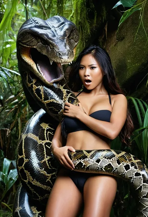   aroused horny beautiful Filipino   young teen girl vs Giant colossal black titanboa monster wrapped around her body squeezing her in coiled embrace cuddling and kissing sexual erotic  sex realistic in the jungle  snake tongue kissing, vaginal penetration...