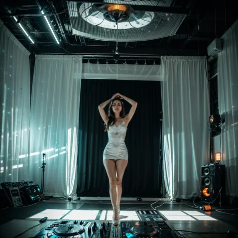 beautifull woman dancing, white dress, sophisticated space, lights dancing, electronic beats. White decor, DJ set, dance floor, electro house, techno, White lasers, strobe lights, mapped projections, Exotic bar white-themed drinks