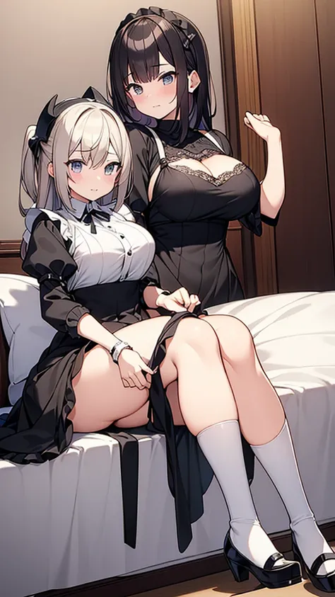 ((masterpiece)), (Highest quality、8K), (Simple style), 2人の女の子, Big Breasts, Swinging Big , Wearing a face stolen from someone else, No sleeve, Sleeveless, Off the shoulder, Black Dress, Pleated lace, Lace dress, White knee socks. whole body, Luxurious Room...