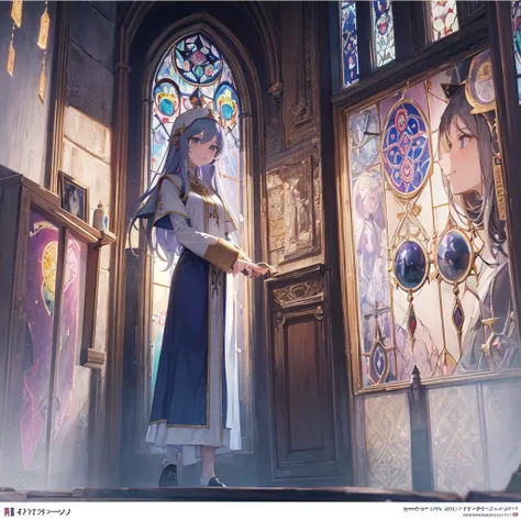 Tarot Cards（Female Pope(Salvator Mundi）のLast Supper（　canteen　Draw on canvas（Stained glass（Valentine　hologram　Blue light swirling）　Last Supper　　holy grail　Christ　smile）Anime Poster、oil）
